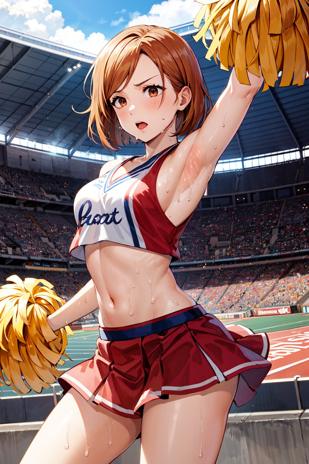 masterpiece, best quality, highres, aanobara, short hair, <lora:kugisaki_nobara_v1:0.7>, stadium, standing, cheerleader, pom pom \(cheerleading\), armpits, sweat, 