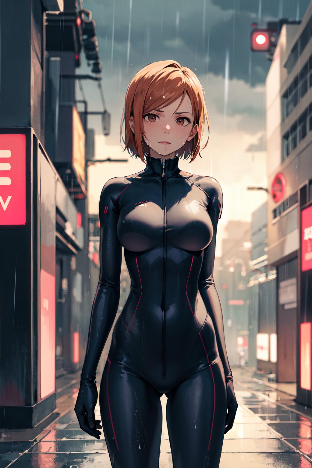 masterpiece, best quality, highres, aanobara, short hair, <lora:kugisaki_nobara_v1:0.7>, bikesuit, bodysuit, gloves, city, cyberpunk, standing, (rain:1.2), (wet:1.1), cowboy shot, looking at viewer, 