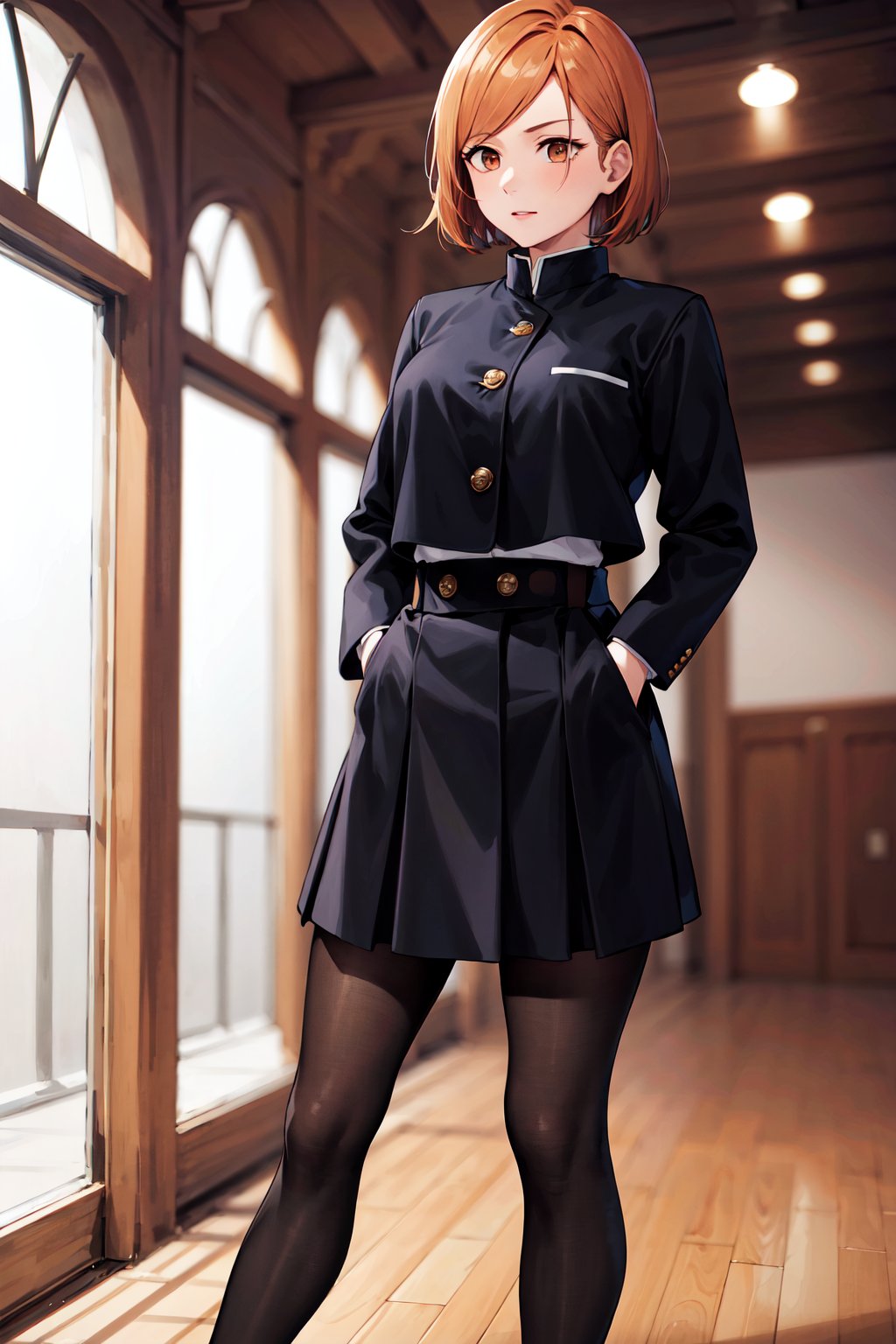 masterpiece, best quality, highres, aanobara, short hair, (black jacket:1.2), buttons, long sleeves, black skirt, high-waist skirt, black pantyhose, <lora:kugisaki_nobara_v1:0.7>, indoors, hand in pocket, 