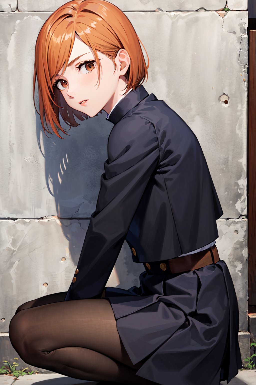 masterpiece, best quality, highres, aanobara, short hair, (black jacket:1.2), buttons, long sleeves, black skirt, high-waist skirt, black pantyhose, <lora:kugisaki_nobara_v1:0.7>, squatting, outdoors, street, from side, wall, looking at viewer, 