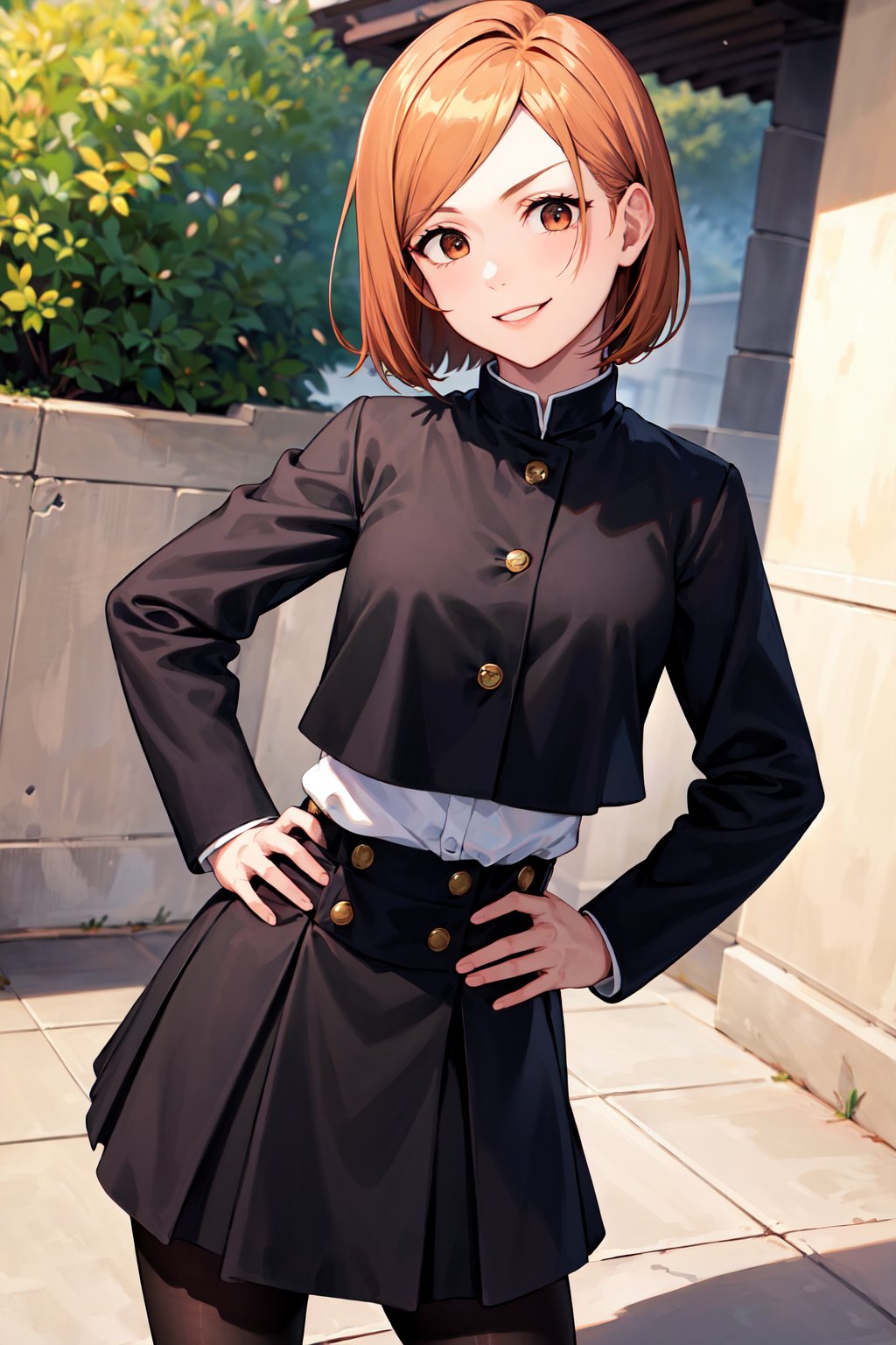 masterpiece, best quality, highres, aanobara, short hair, (black jacket:1.2), buttons, long sleeves, black skirt, high-waist skirt, black pantyhose, <lora:kugisaki_nobara_v1:0.7>, looking at viewer, standing, cowboy shot, outdoors, smile, hand on hip, 