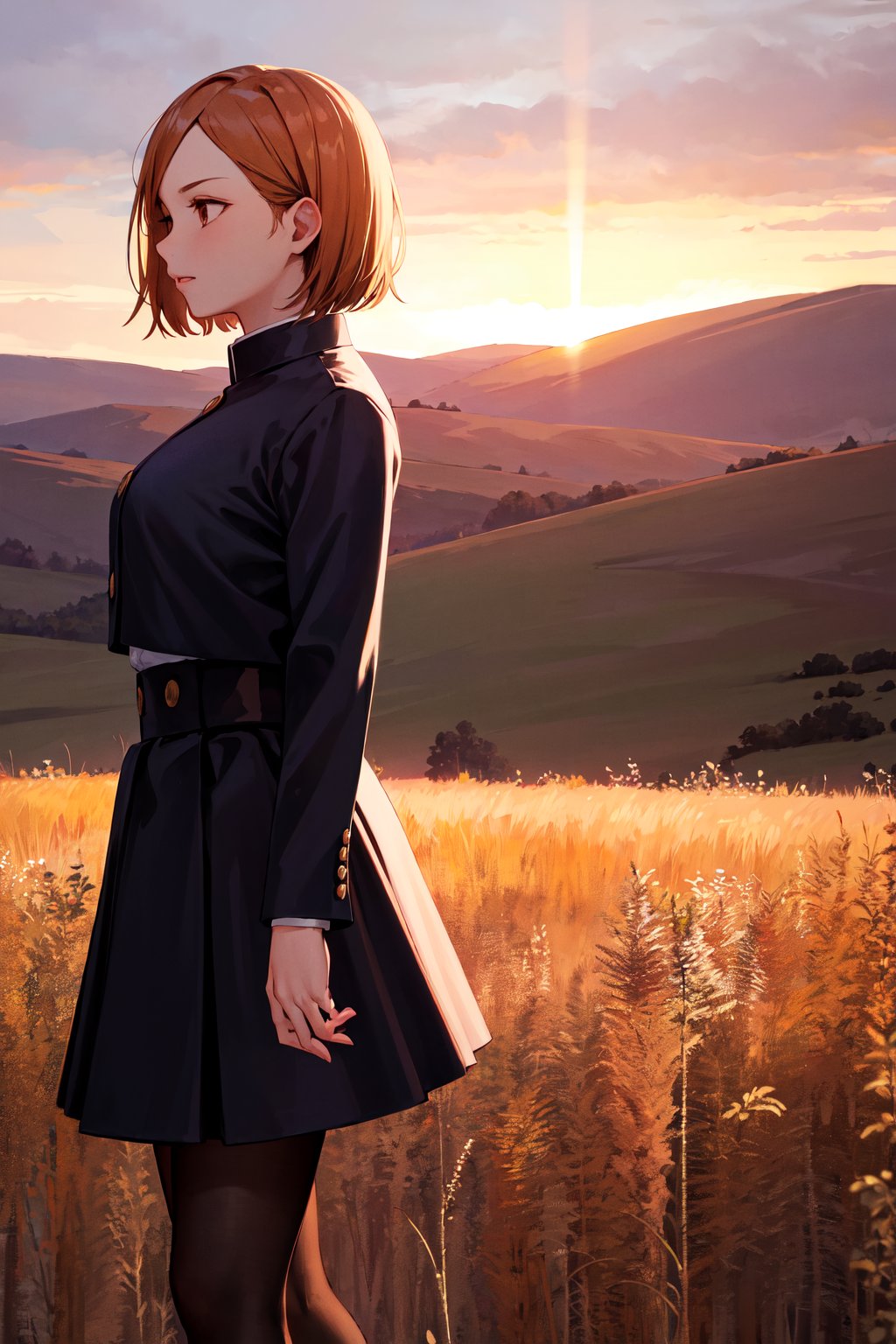 masterpiece, best quality, highres, aanobara, short hair, (black jacket:1.2), buttons, long sleeves, black skirt, high-waist skirt, black pantyhose, <lora:kugisaki_nobara_v1:0.7>, from side, sunset, field, standing