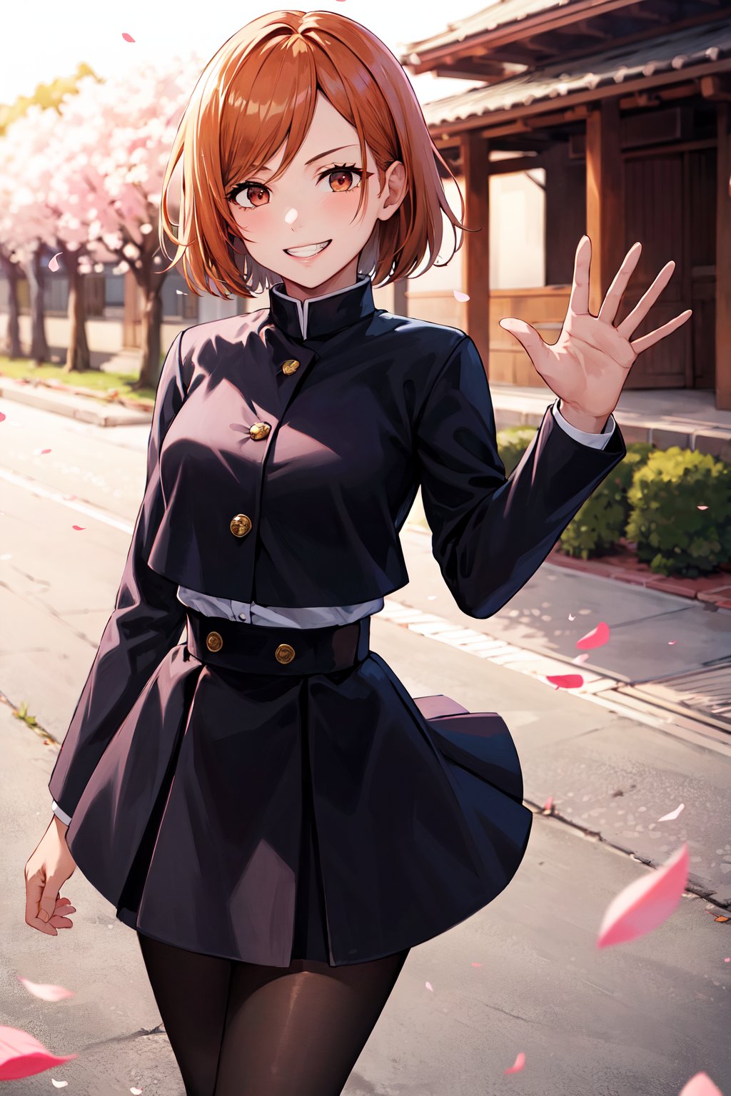 masterpiece, best quality, highres, aanobara, short hair, (black jacket:1.2), buttons, long sleeves, black skirt, high-waist skirt, black pantyhose, <lora:kugisaki_nobara_v1:0.7>, cherry blossoms, outdoors, looking at viewer, standing, grin, cowboy shot, waving