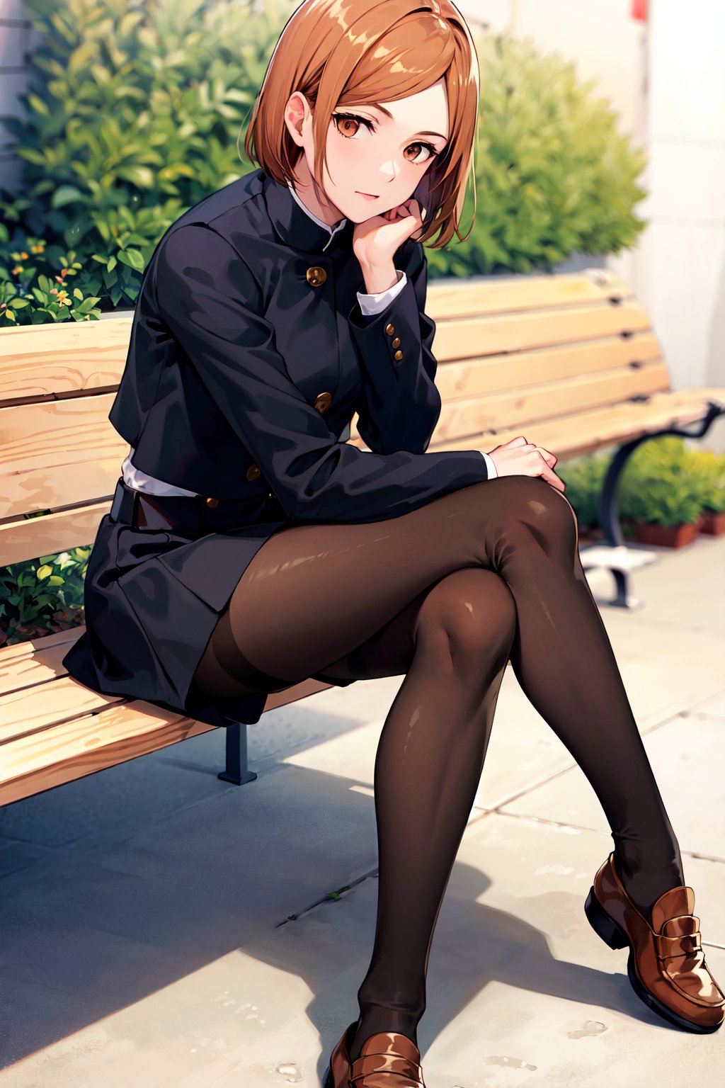 masterpiece, best quality, highres, aanobara, short hair, (black jacket:1.2), buttons, long sleeves, black skirt, high-waist skirt, black pantyhose, <lora:kugisaki_nobara_v1:0.7>, bench, outdoors, sitting, crossed legs, loafers, 