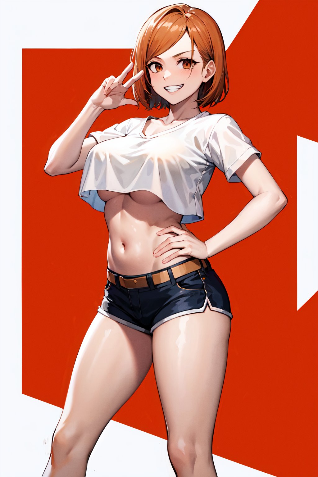 masterpiece, best quality, highres, aanobara, short hair, <lora:kugisaki_nobara_v1:0.7>, midriff, white shirt, short shorts, street, standing, grin, underboob, collarbone