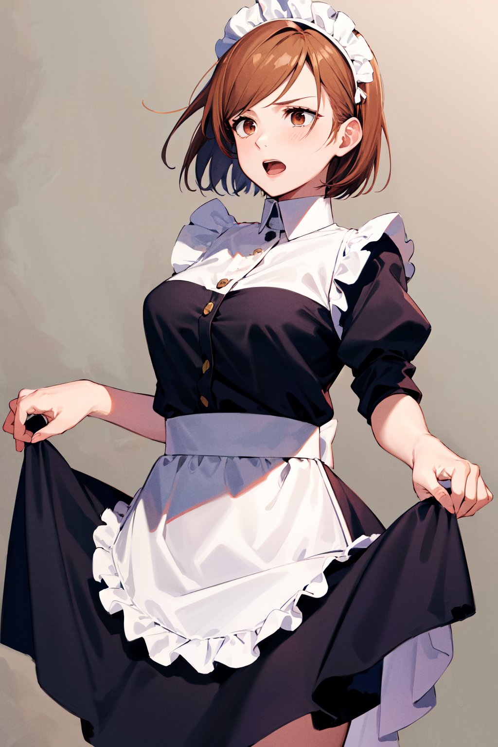 masterpiece, best quality, highres, aanobara, short hair, <lora:kugisaki_nobara_v1:0.7>, maid, maid headdress, frown, skirt hold, standing, open mouth, 