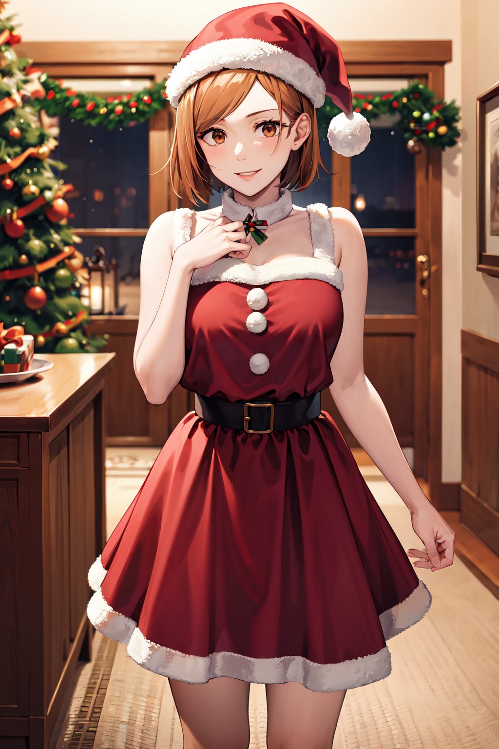 masterpiece, best quality, highres, aanobara, short hair, <lora:kugisaki_nobara_v1:0.7>, santa, santa hat, standing, christmas, indoors, smile,