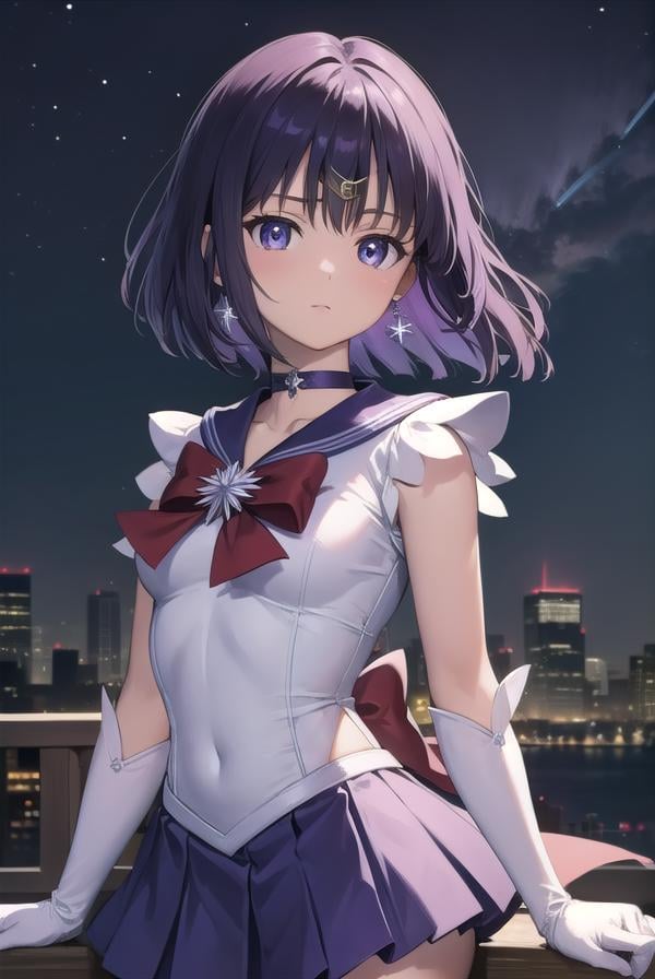 sailorsaturn, <lora:sailorsaturn-lora-nochekaiser:1>,sailor saturn, (purple eyes:1.1), short hair, purple hair, circlet,BREAK brooch, choker, earrings, gloves, jewelry, magical girl, miniskirt, purple sailor collar, sailor collar, sailor senshi uniform, skirt, star choker, white gloves,BREAK outdoors, night, sky, star \(sky\), moon,BREAK looking at viewer, (cowboy shot:1.5),BREAK <lyco:GoodHands-beta2:1>, (masterpiece:1.2), best quality, high resolution, unity 8k wallpaper, (illustration:0.8), (beautiful detailed eyes:1.6), extremely detailed face, perfect lighting, extremely detailed CG, (perfect hands, perfect anatomy),