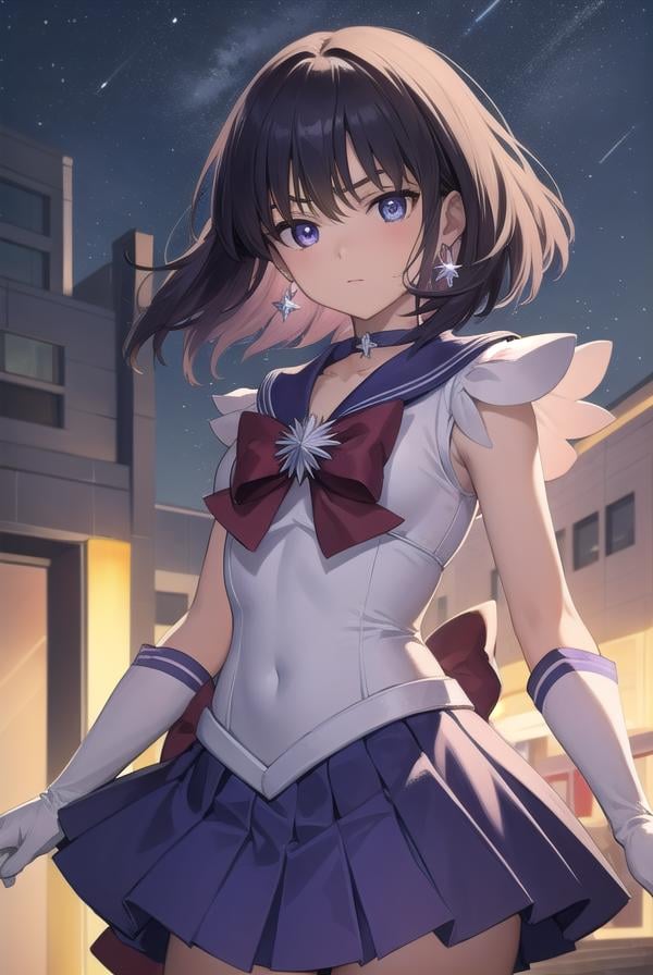 sailorsaturn, <lora:sailorsaturn-lora-nochekaiser:1>,sailor saturn, (purple eyes:1.1), short hair, purple hair, circlet,BREAK brooch, choker, earrings, gloves, jewelry, magical girl, miniskirt, purple sailor collar, sailor collar, sailor senshi uniform, skirt, star choker, white gloves,BREAK outdoors, night, sky, star \(sky\), moon,BREAK looking at viewer, (cowboy shot:1.5),BREAK <lyco:GoodHands-beta2:1>, (masterpiece:1.2), best quality, high resolution, unity 8k wallpaper, (illustration:0.8), (beautiful detailed eyes:1.6), extremely detailed face, perfect lighting, extremely detailed CG, (perfect hands, perfect anatomy),