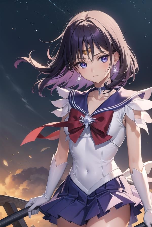 sailorsaturn, <lora:sailorsaturn-lora-nochekaiser:1>,sailor saturn, (purple eyes:1.1), short hair, purple hair, circlet,BREAK brooch, choker, earrings, gloves, jewelry, magical girl, miniskirt, purple sailor collar, sailor collar, sailor senshi uniform, skirt, star choker, white gloves,BREAK outdoors, night, sky, star \(sky\), moon,BREAK looking at viewer, (cowboy shot:1.5),BREAK <lyco:GoodHands-beta2:1>, (masterpiece:1.2), best quality, high resolution, unity 8k wallpaper, (illustration:0.8), (beautiful detailed eyes:1.6), extremely detailed face, perfect lighting, extremely detailed CG, (perfect hands, perfect anatomy),