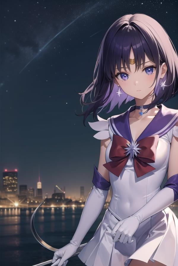 sailorsaturn, <lora:sailorsaturn-lora-nochekaiser:1>,sailor saturn, (purple eyes:1.1), short hair, purple hair, circlet,BREAK brooch, choker, earrings, gloves, jewelry, magical girl, miniskirt, purple sailor collar, sailor collar, sailor senshi uniform, skirt, star choker, white gloves,BREAK outdoors, night, sky, star \(sky\), moon,BREAK looking at viewer, (cowboy shot:1.5),BREAK <lyco:GoodHands-beta2:1>, (masterpiece:1.2), best quality, high resolution, unity 8k wallpaper, (illustration:0.8), (beautiful detailed eyes:1.6), extremely detailed face, perfect lighting, extremely detailed CG, (perfect hands, perfect anatomy),