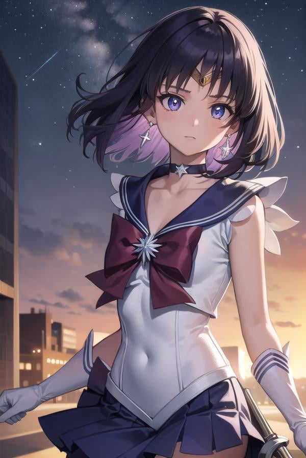 sailorsaturn, <lora:sailorsaturn-lora-nochekaiser:1>,sailor saturn, (purple eyes:1.1), short hair, purple hair, circlet,BREAK brooch, choker, earrings, gloves, jewelry, magical girl, miniskirt, purple sailor collar, sailor collar, sailor senshi uniform, skirt, star choker, white gloves,BREAK outdoors, night, sky, star \(sky\), moon,BREAK looking at viewer, (cowboy shot:1.5),BREAK <lyco:GoodHands-beta2:1>, (masterpiece:1.2), best quality, high resolution, unity 8k wallpaper, (illustration:0.8), (beautiful detailed eyes:1.6), extremely detailed face, perfect lighting, extremely detailed CG, (perfect hands, perfect anatomy),