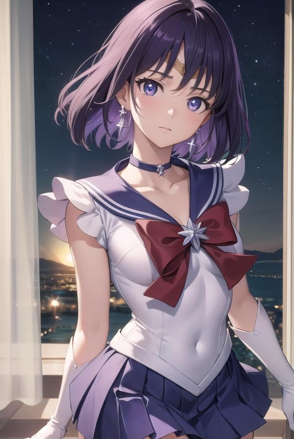 sailorsaturn, <lora:sailorsaturn-lora-nochekaiser:1>,sailor saturn, (purple eyes:1.1), short hair, purple hair, circlet,BREAK brooch, choker, earrings, gloves, jewelry, magical girl, miniskirt, purple sailor collar, sailor collar, sailor senshi uniform, skirt, star choker, white gloves,BREAK outdoors, night, sky, star \(sky\), moon,BREAK looking at viewer, (cowboy shot:1.5),BREAK <lyco:GoodHands-beta2:1>, (masterpiece:1.2), best quality, high resolution, unity 8k wallpaper, (illustration:0.8), (beautiful detailed eyes:1.6), extremely detailed face, perfect lighting, extremely detailed CG, (perfect hands, perfect anatomy),