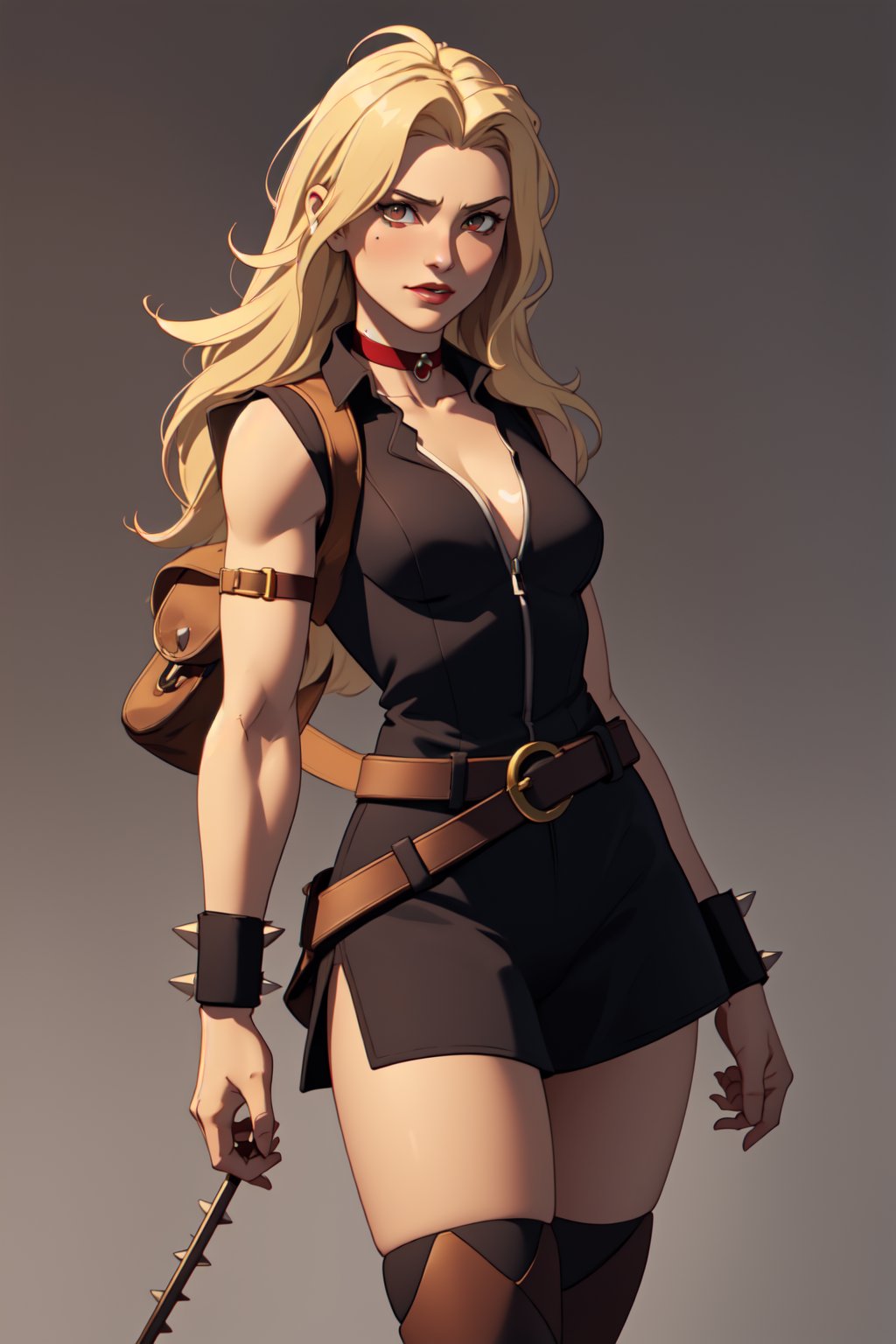 Cheetara, blond_hair, long hair,  hair with dark spots, light brown sleeveless jacket,  black chocker, hexagonal chocker in forearm,  light brown short, brown belt, brown boots, contrapposto, red marks in face in the eye area, gold round belt brooch with red crystal center, brown spots in arms, front strands of hair parted in the middle, little brown bagpack , muscular, thick_hips, female, sks woman, a lock of spiky hair that comes from the middle of the forehead upwards, <lora:EMS-80444-EMS:0.900000>, , <lora:EMS-77353-EMS:0.400000>