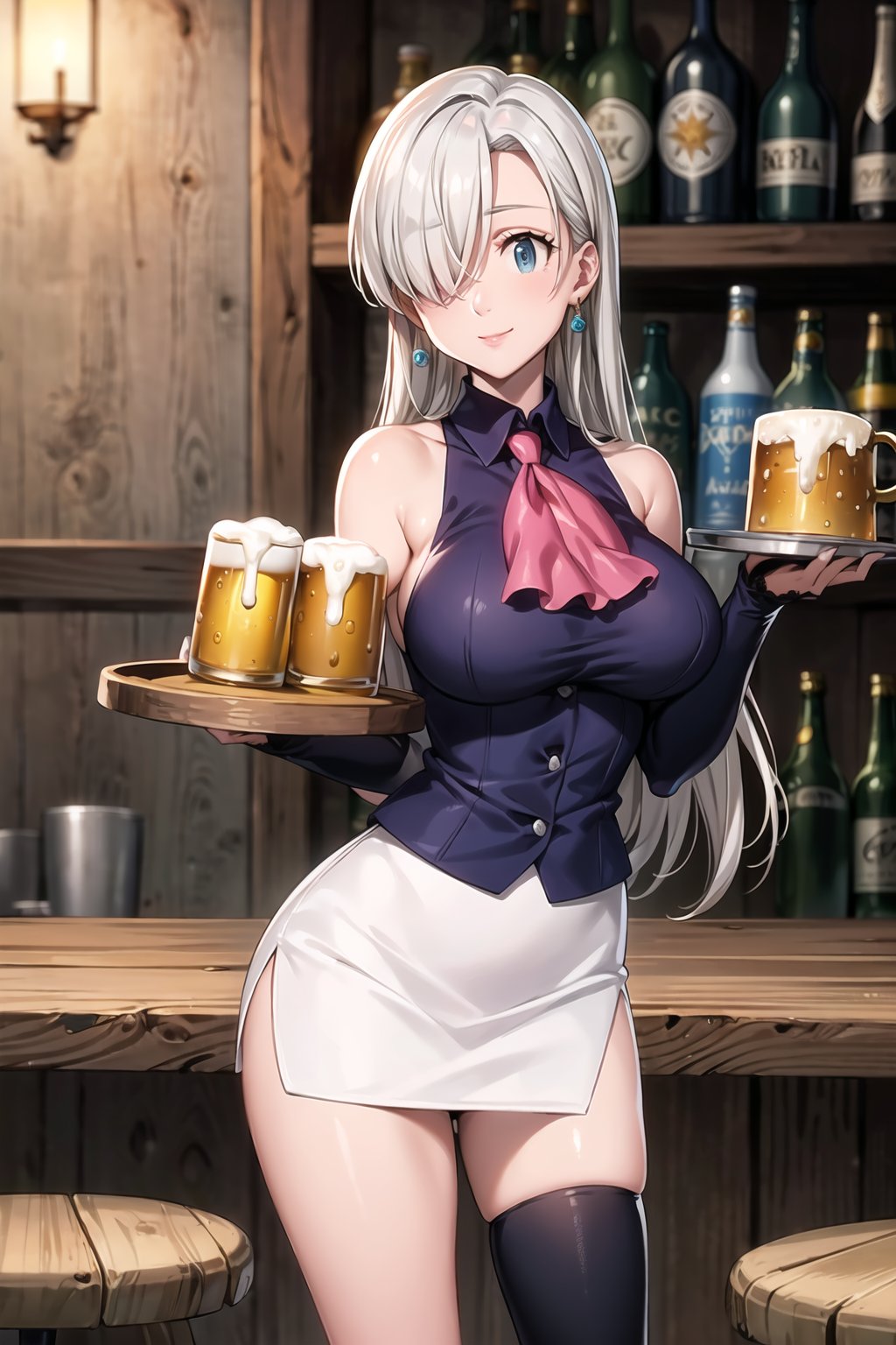 ((best quality)), ((highly detailed)), masterpiece, ((official art)), elizabeth, long hair, blue eyes, white hair, hair over one eye, long hair, single earring, seductive smile, bar, indoors, holding tray, beer, beer mug, table, chair, large breasts, blue shirt, white skirt, pencil skirt, detached sleeves, bare shoulders, ascot, single thighhigh, asymmetrical legwear, uneven legwear, asymmetrical sleeves, intricately detailed, hyperdetailed, blurry background, depth of field, best quality, masterpiece, intricate details, tonemapping, sharp focus, hyper detailed, trending on Artstation, 1 girl, high res, official art