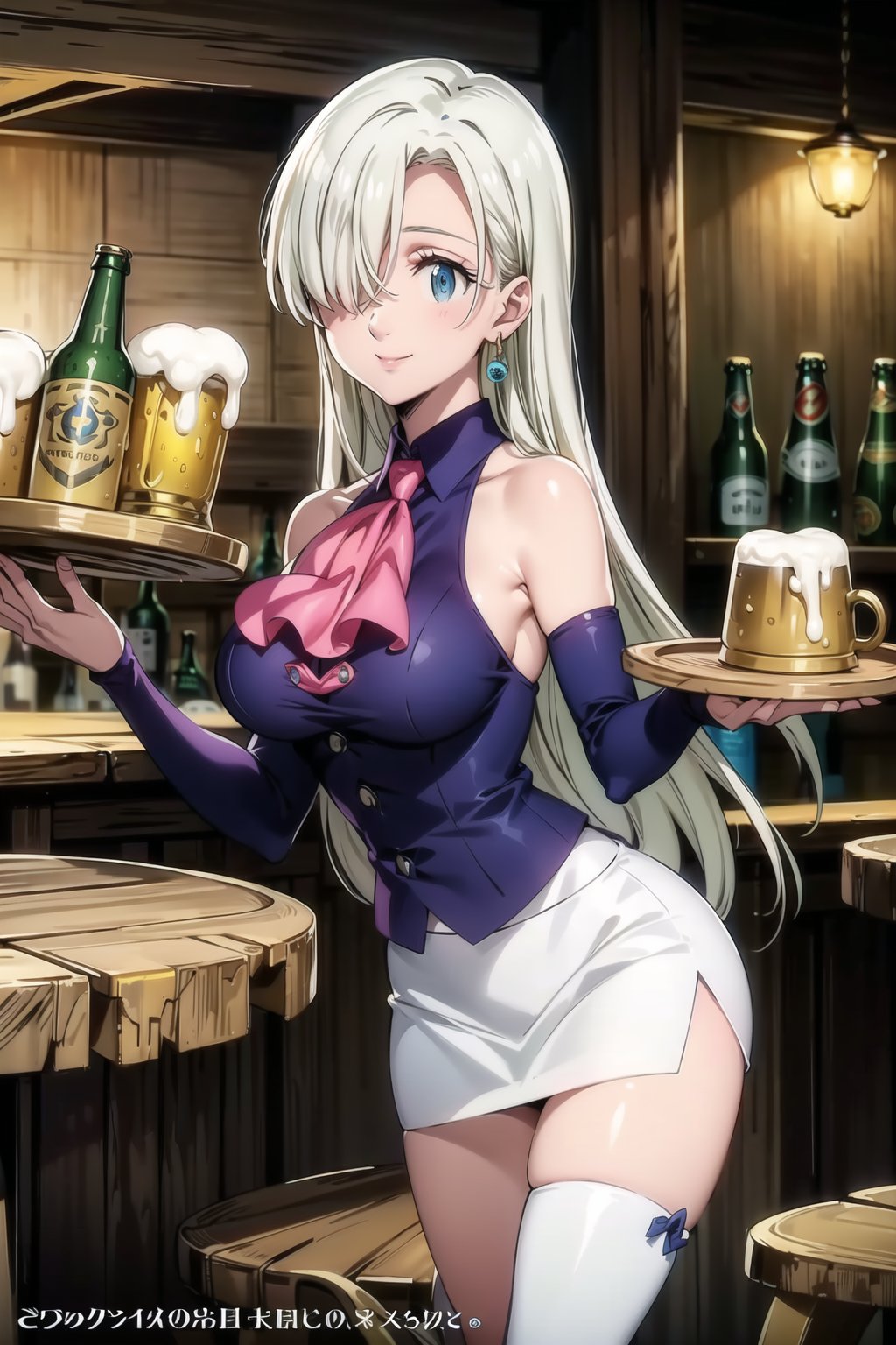 ((best quality)), ((highly detailed)), masterpiece, ((official art)), elizabeth, long hair, blue eyes, white hair, hair over one eye, long hair, single earring, seductive smile, bar, indoors, holding tray, beer, beer mug, table, chair, large breasts, blue shirt, white skirt, pencil skirt, detached sleeves, bare shoulders, ascot, single thighhigh, asymmetrical legwear, uneven legwear, asymmetrical sleeves, intricately detailed, hyperdetailed, blurry background, depth of field, best quality, masterpiece, intricate details, tonemapping, sharp focus, hyper detailed, trending on Artstation, 1 girl, high res, official art