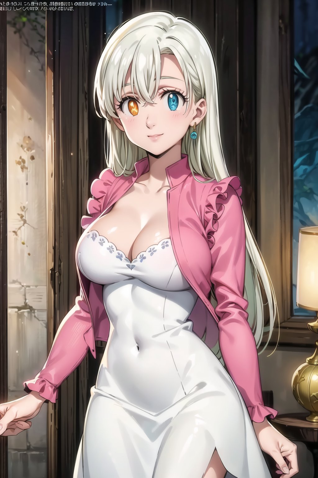 ((best quality)), ((highly detailed)), masterpiece, ((official art)), elizabeth, long hair, white hair, long hair, single earring, seductive smile, indoors, scenery, large breasts,long sleeves, pink jacket, cleavage, white dress, heterochromia, blue eye, orange eye,+_+, symbol-shaped pupils, intricately detailed, hyperdetailed, blurry background, depth of field, best quality, masterpiece, intricate details, tonemapping, sharp focus, hyper detailed, trending on Artstation, 1 girl, high res, official art 