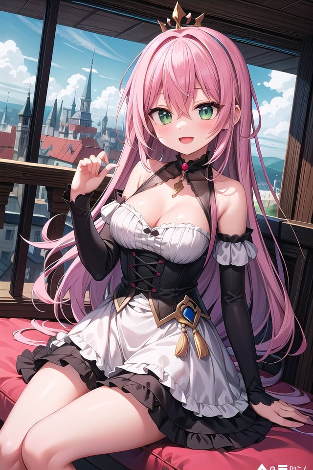 insanely detailed, absurdres, ultra-highres, ultra-detailed, best quality,1girl, solo, nice hands, perfect hands,BREAKprincess, princess dress with many frills, teara on hair,happy smile, laugh, open mouth,sitting, cute pose,from below, cowboy shot,BREAKslender, kawaii, perfect symmetrical face, ultra cute girl, ultra cute face, ultra detailed eyes, ultra detailed hair, ultra cute, ultra beautiful,BREAKon roof of castle, (fantasy world, castle, panorama view:1.3), depth of field,medium large breasts,BREAKpink hair, long hair, messy hair, green eyes, hair between eyes