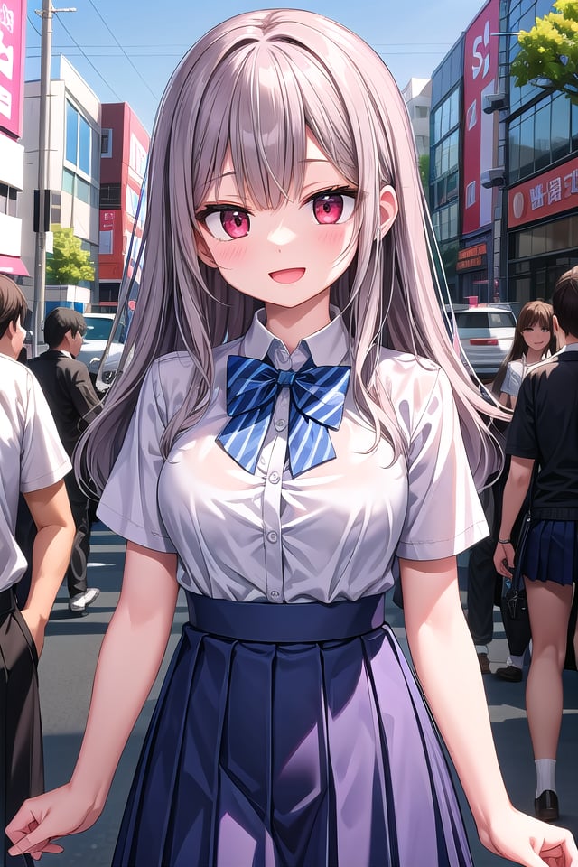 insanely detailed, absurdres, ultra-highres, ultra-detailed, best quality,1girl, solo, nice hands, perfect hands,BREAKsummer school uniform with indigo blue bowtie, (short sleeves, dark blue skirt, pleated skirt:1.3), (indigo blue:1.3) bowtie, (white shirt:1.3), shirt with white button, (skirt with many pleats:1.4), plain shirt, plain skirt, (striped bowtie:1.3), shirt_tucked_in BREAKhappy smile, laugh, open mouth, standing,(45 angle:-1.5), (from side:-1.5),cute pose, cowboy shot,BREAKslender, kawaii, perfect symmetrical face, ultra cute girl, ultra cute face, ultra detailed eyes, ultra detailed hair, ultra cute, ultra beautiful,BREAKin harajuku, shibuya, tokyo, street, crowd, cityscape,BREAKmedium large breasts,(grey hair, red eyes), 