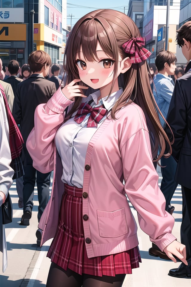 insanely detailed, absurdres, ultra-highres, ultra-detailed, best quality,1girl, solo, nice hands, perfect hands,BREAK(School Uniforms:1.2), (pink cardigan is fit body:1.4), ((do up a buttons, not loose):1.5), ((long sleeve, sleeves past wrists):1.2), (inner wear is white collared-shirt:1.3), (red plaid-pattern bow:1.3), (red plaid-pattern pleated skirt:1.3), ((dark-brown pantyhose, loafers):1.2) BREAKhappy smile, laugh, open mouth, standing,from side,cute pose, cowboy shot,BREAKslender, kawaii, perfect symmetrical face, ultra cute girl, ultra cute face, ultra detailed eyes, ultra detailed hair, ultra cute, ultra beautiful,BREAKin harajuku, shibuya, tokyo, street, crowd, cityscape,BREAKmedium large breasts,(brown hair, brown eyes), hime cut