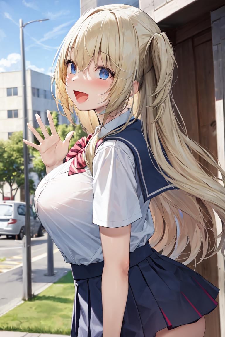 1girl, <lora:Oekakizuki:1>,  school uniform, large breasts, short skirt, ass peek, from side, blonde, :d, outdoors, waving, long hair, blue eyes, 