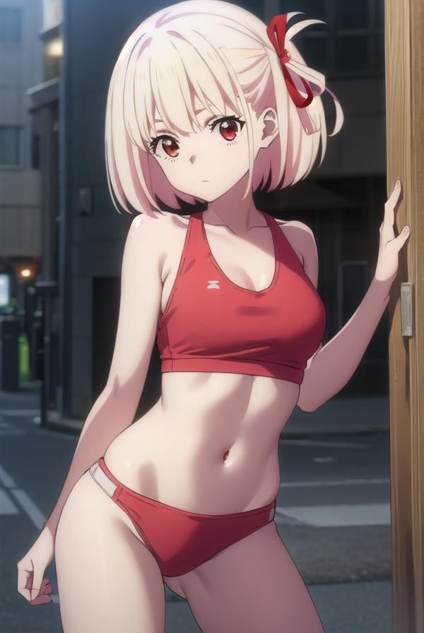 chisatonishikigi, <lyco:chisatonishikigis1-lyco-nochekaiser:1>, chisato nishikigi, short hair, bangs, blonde hair, (red eyes:1.5), hair ribbon, one side up, bob cut,BREAK navel, bare shoulders, thighs, stomach, crop top, buruma, sportswear, zipper pull tab, red buruma, sports bikini,BREAK outdoors, city,BREAK looking at viewer, (cowboy shot:1.5),BREAK <lyco:GoodHands-beta2:1>, (masterpiece:1.2), best quality, high resolution, unity 8k wallpaper, (illustration:0.8), (beautiful detailed eyes:1.6), extremely detailed face, perfect lighting, extremely detailed CG, (perfect hands, perfect anatomy),