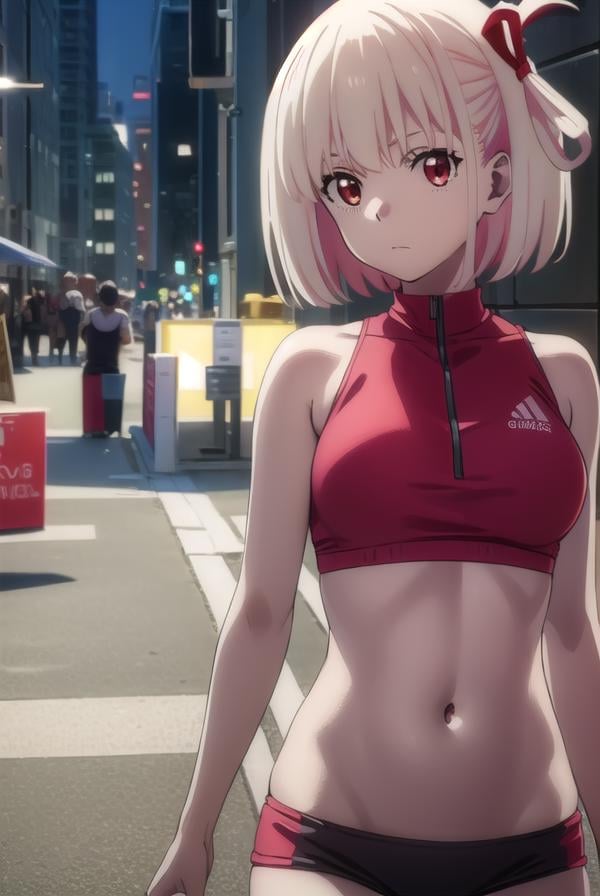 chisatonishikigi, <lyco:chisatonishikigis1-lyco-nochekaiser:1>, chisato nishikigi, short hair, bangs, blonde hair, (red eyes:1.5), hair ribbon, one side up, bob cut,BREAK navel, bare shoulders, thighs, stomach, crop top, buruma, sportswear, zipper pull tab, red buruma, sports bikini,BREAK outdoors, city,BREAK looking at viewer, (cowboy shot:1.5),BREAK <lyco:GoodHands-beta2:1>, (masterpiece:1.2), best quality, high resolution, unity 8k wallpaper, (illustration:0.8), (beautiful detailed eyes:1.6), extremely detailed face, perfect lighting, extremely detailed CG, (perfect hands, perfect anatomy),