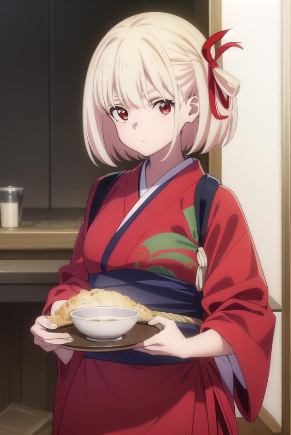 chisatonishikigi, <lyco:chisatonishikigis1-lyco-nochekaiser:1>, chisato nishikigi, short hair, bangs, blonde hair, (red eyes:1.5), hair ribbon, one side up, bob cut,BREAK japanese clothes, kimono, apron, red ribbon, waitress, red kimono,BREAK indoors, cafe, restaurant,BREAK looking at viewer, (cowboy shot:1.5),BREAK <lyco:GoodHands-beta2:1>, (masterpiece:1.2), best quality, high resolution, unity 8k wallpaper, (illustration:0.8), (beautiful detailed eyes:1.6), extremely detailed face, perfect lighting, extremely detailed CG, (perfect hands, perfect anatomy),