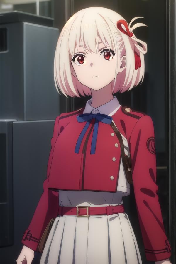 chisatonishikigi, <lyco:chisatonishikigis1-lyco-nochekaiser:1>, chisato nishikigi, short hair, bangs, blonde hair, (red eyes:1.5), hair ribbon, one side up, bob cut,BREAK shirt, long sleeves, dress, ribbon, white shirt, collared shirt, belt, neck ribbon, red dress, blue ribbon, pleated dress, grey dress, two-tone dress, red belt, lycoris uniform,BREAK outdoors, city,BREAK looking at viewer, (cowboy shot:1.5),BREAK <lyco:GoodHands-beta2:1>, (masterpiece:1.2), best quality, high resolution, unity 8k wallpaper, (illustration:0.8), (beautiful detailed eyes:1.6), extremely detailed face, perfect lighting, extremely detailed CG, (perfect hands, perfect anatomy),