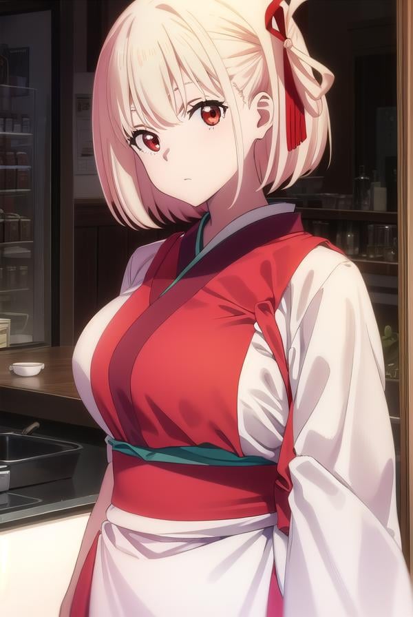 chisatonishikigi, <lyco:chisatonishikigis1-lyco-nochekaiser:1>, chisato nishikigi, short hair, bangs, blonde hair, (red eyes:1.5), hair ribbon, one side up, bob cut,BREAK japanese clothes, kimono, apron, red ribbon, waitress, red kimono,BREAK indoors, cafe, restaurant,BREAK looking at viewer, (cowboy shot:1.5),BREAK <lyco:GoodHands-beta2:1>, (masterpiece:1.2), best quality, high resolution, unity 8k wallpaper, (illustration:0.8), (beautiful detailed eyes:1.6), extremely detailed face, perfect lighting, extremely detailed CG, (perfect hands, perfect anatomy),