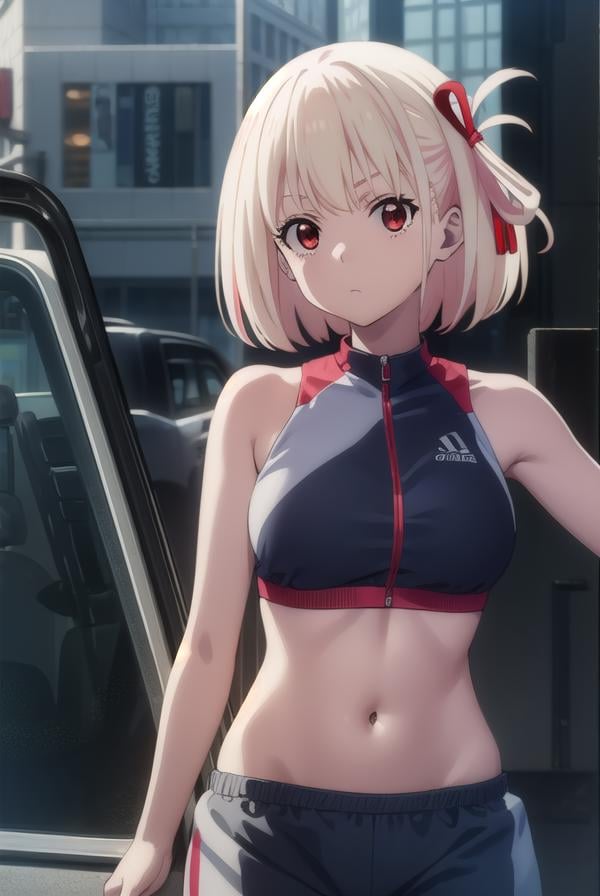 chisatonishikigi, <lyco:chisatonishikigis1-lyco-nochekaiser:1>, chisato nishikigi, short hair, bangs, blonde hair, (red eyes:1.5), hair ribbon, one side up, bob cut,BREAK navel, bare shoulders, thighs, stomach, crop top, buruma, sportswear, zipper pull tab, red buruma, sports bikini,BREAK outdoors, city,BREAK looking at viewer, (cowboy shot:1.5),BREAK <lyco:GoodHands-beta2:1>, (masterpiece:1.2), best quality, high resolution, unity 8k wallpaper, (illustration:0.8), (beautiful detailed eyes:1.6), extremely detailed face, perfect lighting, extremely detailed CG, (perfect hands, perfect anatomy),