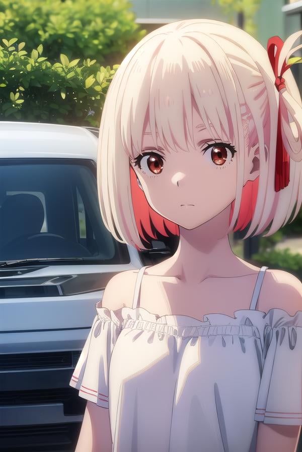 chisatonishikigi, <lyco:chisatonishikigis1-lyco-nochekaiser:1>, chisato nishikigi, short hair, bangs, blonde hair, (red eyes:1.5), hair ribbon, one side up, bob cut,BREAK shirt, bare shoulders, twintails, collarbone, hair ribbon, white shirt, frills, off shoulder, red ribbon, short twintails, off-shoulder shirt, frilled shirt,BREAK outdoors, city,BREAK looking at viewer, (cowboy shot:1.5),BREAK <lyco:GoodHands-beta2:1>, (masterpiece:1.2), best quality, high resolution, unity 8k wallpaper, (illustration:0.8), (beautiful detailed eyes:1.6), extremely detailed face, perfect lighting, extremely detailed CG, (perfect hands, perfect anatomy),