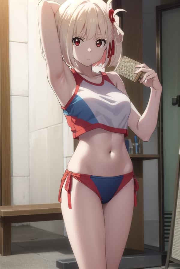 chisatonishikigi, <lyco:chisatonishikigis1-lyco-nochekaiser:1>, chisato nishikigi, short hair, bangs, blonde hair, (red eyes:1.5), hair ribbon, one side up, bob cut,BREAK navel, bare shoulders, thighs, stomach, crop top, buruma, sportswear, zipper pull tab, red buruma, sports bikini,BREAK outdoors, city,BREAK looking at viewer, (cowboy shot:1.5),BREAK <lyco:GoodHands-beta2:1>, (masterpiece:1.2), best quality, high resolution, unity 8k wallpaper, (illustration:0.8), (beautiful detailed eyes:1.6), extremely detailed face, perfect lighting, extremely detailed CG, (perfect hands, perfect anatomy),