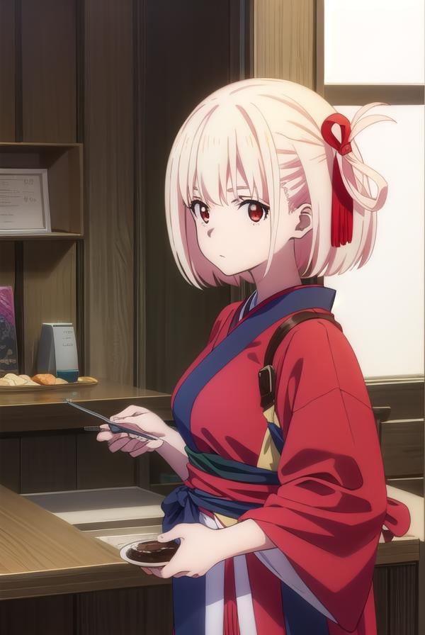 chisatonishikigi, <lyco:chisatonishikigis1-lyco-nochekaiser:1>, chisato nishikigi, short hair, bangs, blonde hair, (red eyes:1.5), hair ribbon, one side up, bob cut,BREAK japanese clothes, kimono, apron, red ribbon, waitress, red kimono,BREAK indoors, cafe, restaurant,BREAK looking at viewer, (cowboy shot:1.5),BREAK <lyco:GoodHands-beta2:1>, (masterpiece:1.2), best quality, high resolution, unity 8k wallpaper, (illustration:0.8), (beautiful detailed eyes:1.6), extremely detailed face, perfect lighting, extremely detailed CG, (perfect hands, perfect anatomy),