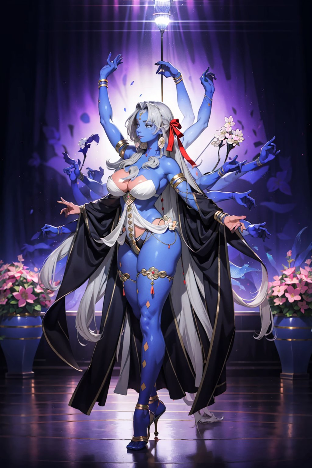 gray hair,  1girl,  long hair,  extra arms,  colored skin,  huge breasts,  jewelry,  solo,  very long hair,  white hair,  blue skin,  room background,  top flowers sakura,  thicc,  high details,  perfect anatomy,  arabic dancing girl,  arabic dancing pose , up leg, <lora:EMS-80517-EMS:0.800000>