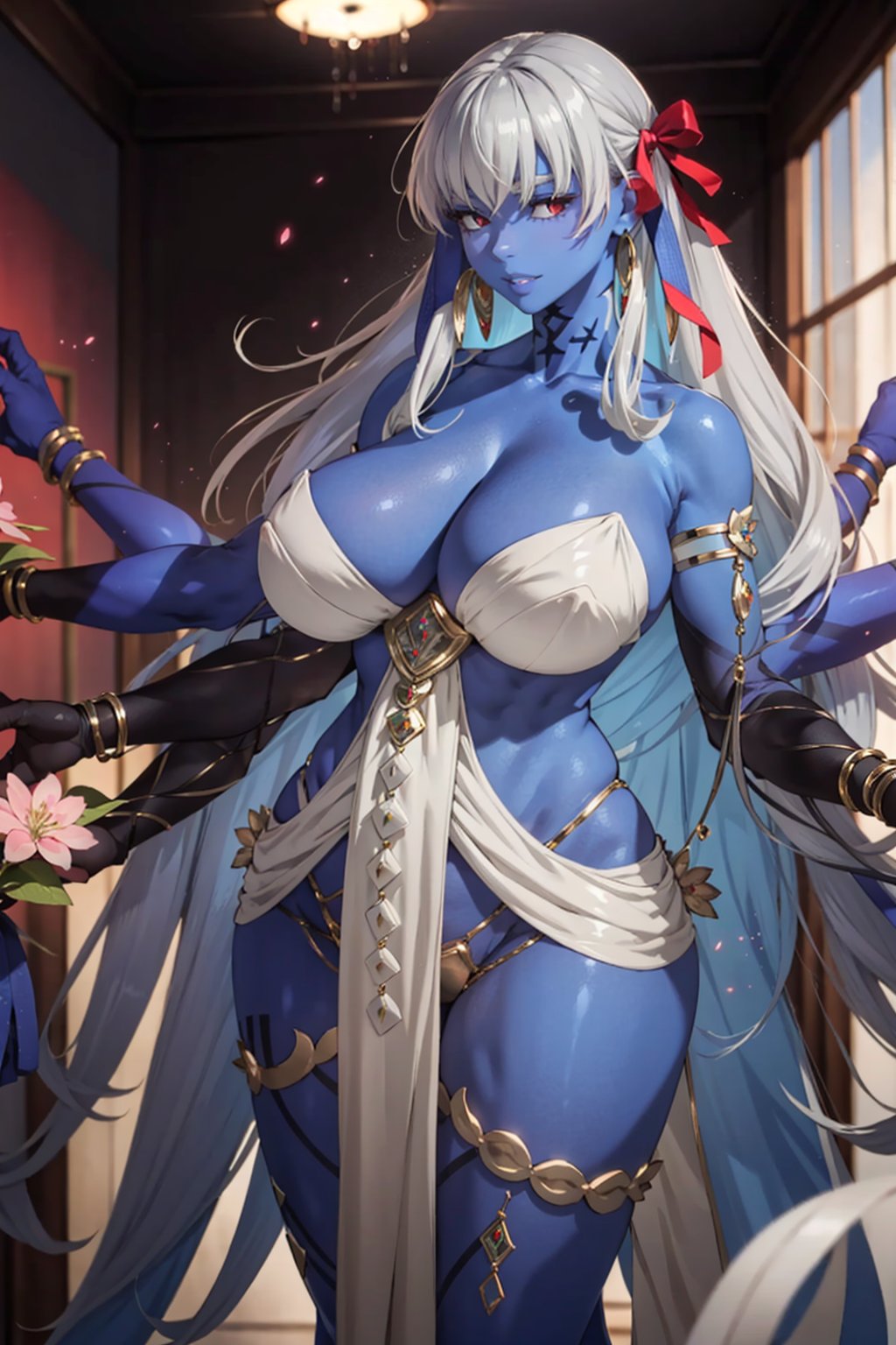 gray hair,  1girl,  long hair,  extra arms,  colored skin,  huge breasts,  jewelry,  solo,  very long hair,  white hair,  blue skin,  room background,  top flowers sakura,  thicc,  high details,  perfect anatomy, <lora:EMS-80517-EMS:0.800000>