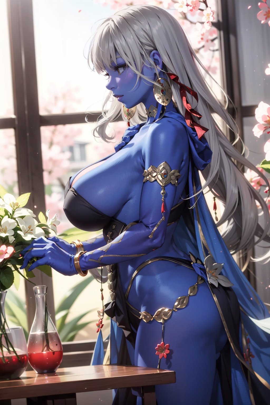 gray hair,  1girl,  long hair,  extra arms,  colored skin,  huge breasts,  jewelry,  solo,  very long hair,  white hair,  blue skin,  room background,  top flowers sakura,  thicc,  high details,  perfect anatomy,  perfect finger,  perfect body,  from side, <lora:EMS-80517-EMS:0.800000>