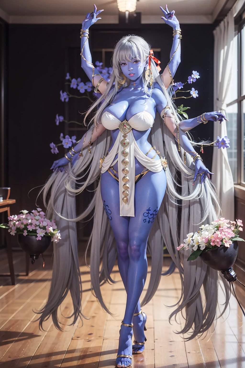 gray hair,  1girl,  long hair,  extra arms,  colored skin,  huge breasts,  jewelry,  solo,  very long hair,  white hair,  blue skin,  room background,  top flowers sakura,  thicc,  high details,  perfect anatomy,  dancing girl, <lora:EMS-80517-EMS:0.700000>