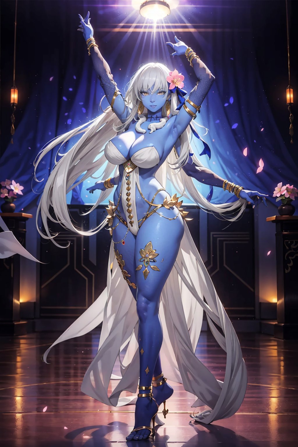 gray hair,  1girl,  long hair,  extra arms,  colored skin,  huge breasts,  jewelry,  solo,  very long hair,  white hair,  blue skin,  room background,  top flowers sakura,  thicc,  high details,  perfect anatomy,  arabic dancing girl,  arabic dancing pose , raised leg, <lora:EMS-80517-EMS:0.700000>