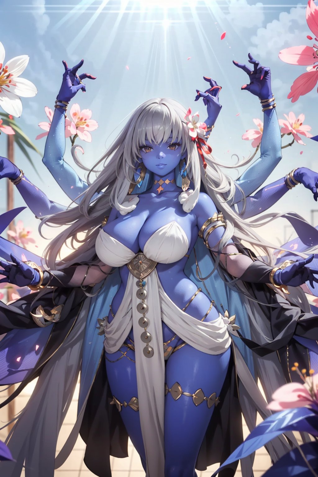 gray hair,  1girl,  long hair,  extra arms,  colored skin,  huge breasts,  jewelry,  solo,  very long hair,  white hair,  blue skin,  room background,  top flowers sakura,  thicc,  high details,  perfect anatomy,  from below,  perfect finger,  perfect body, <lora:EMS-80517-EMS:0.800000>