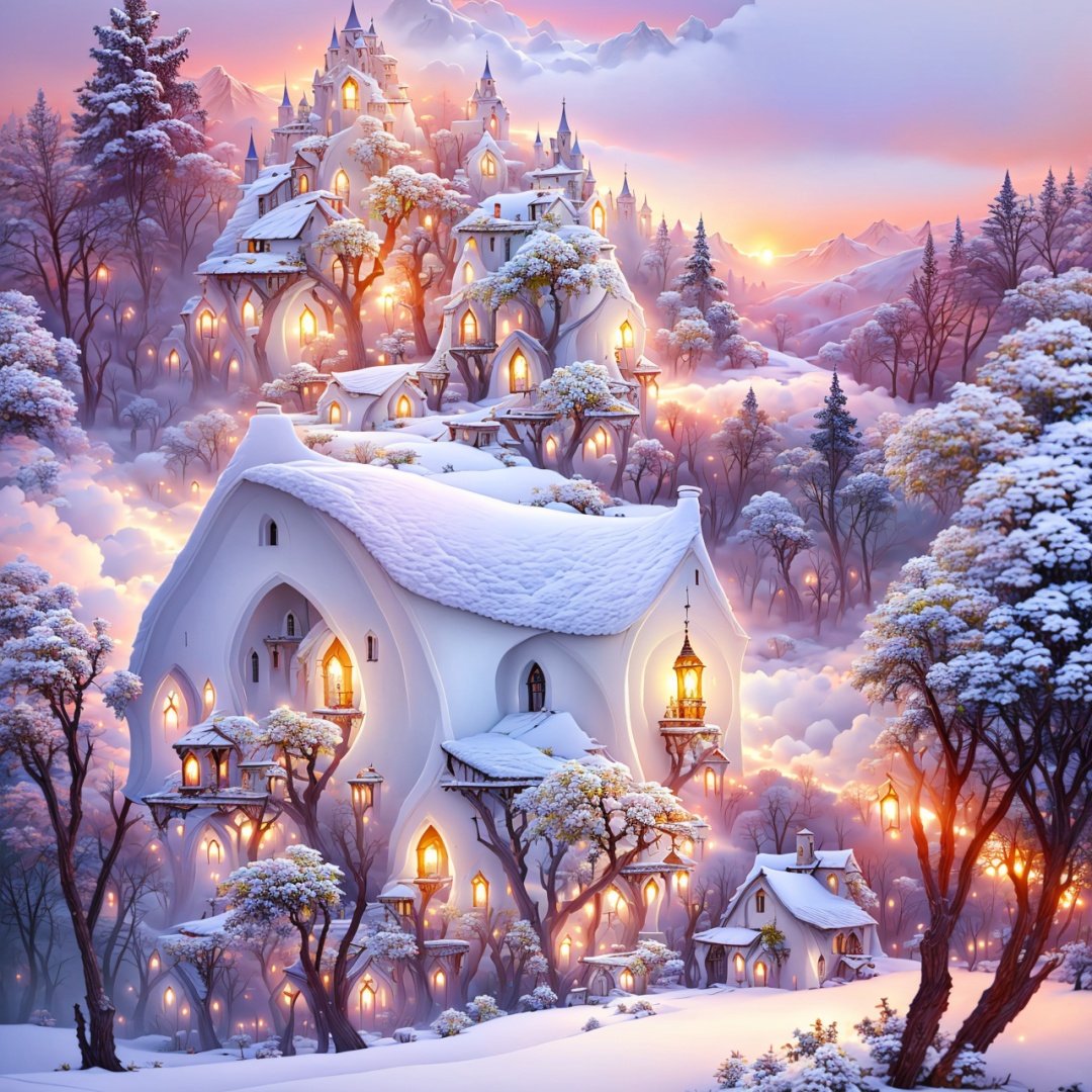  Best quality,8k,cg,tree, scenery, snow, no humans, outdoors, sky, bare tree, cloud, winter, pine tree, house, mountain, castle, building, nature, window