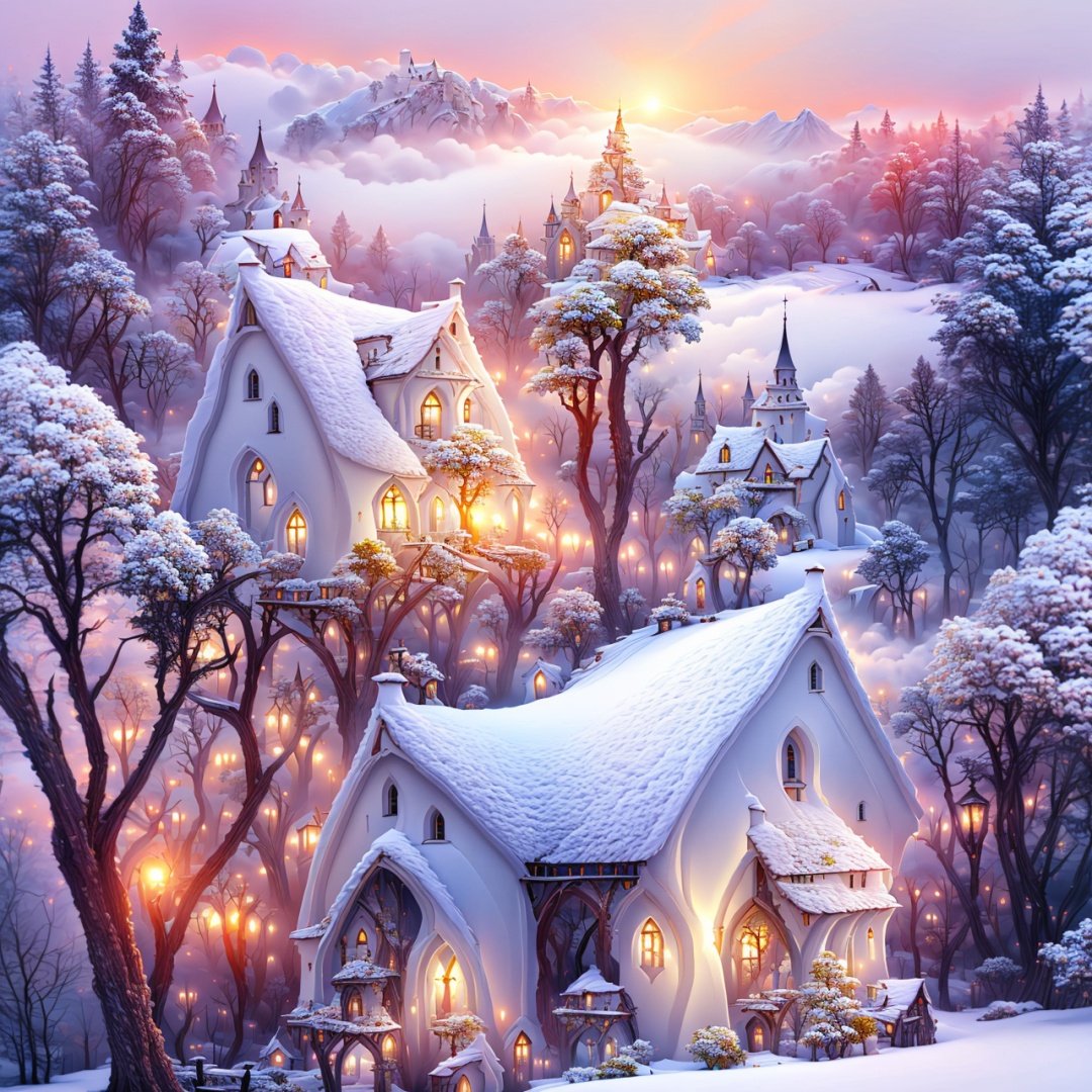  Best quality,8k,cg,tree, scenery, snow, no humans, outdoors, sky, bare tree, cloud, winter, pine tree, house, mountain, castle, building, nature, window