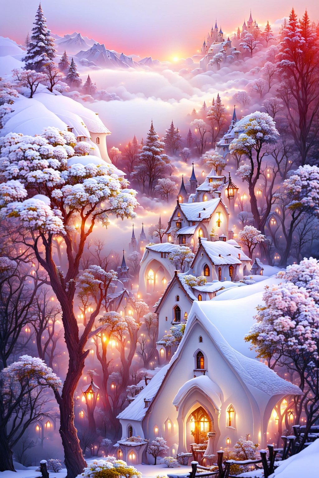  Best quality,8k,cg,tree, scenery, snow, no humans, outdoors, sky, bare tree, cloud, winter, pine tree, house, mountain, castle, building, nature, window