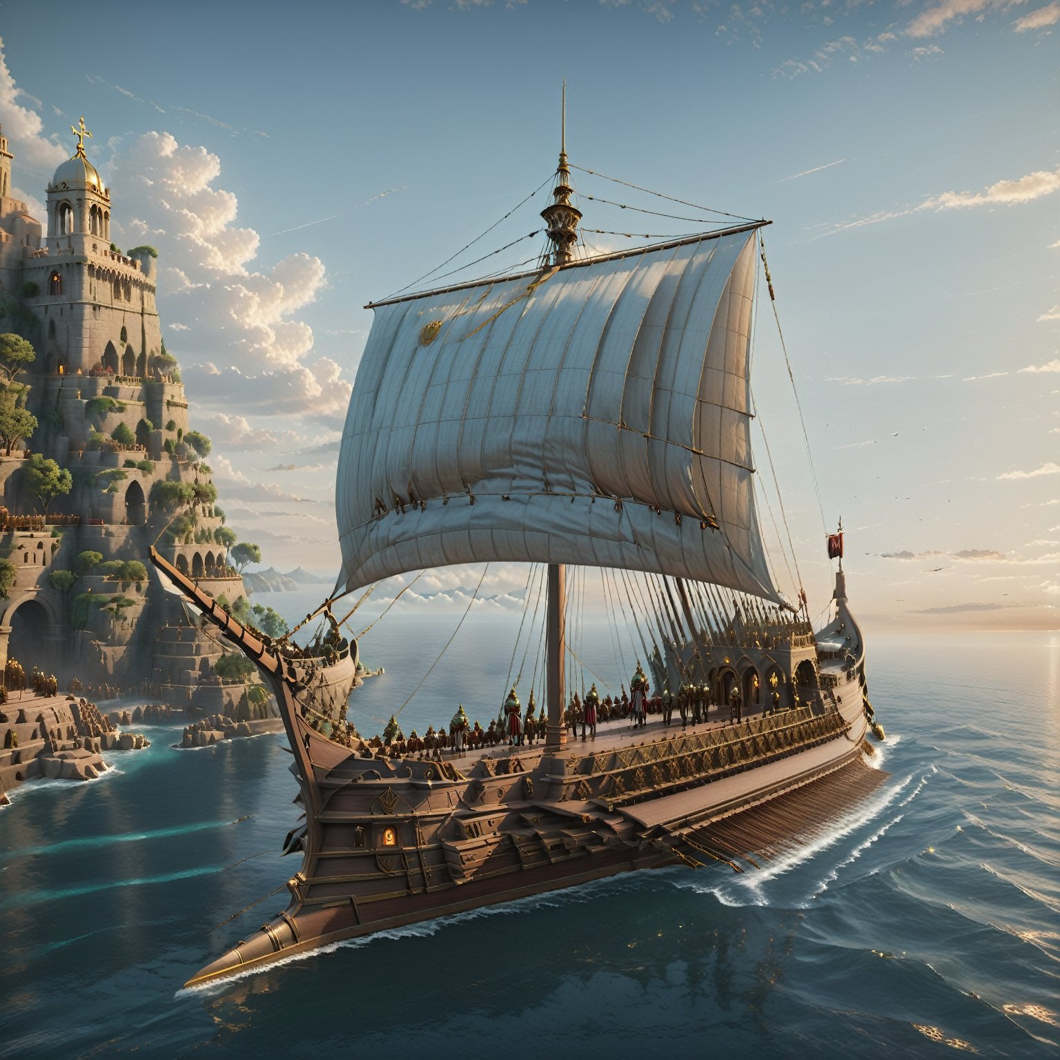 fantasy roman art,a The Floating Isles, A brave explorer sets sail to discover a cluster of islands that float high above the clouds. character, detailed, sub surface scattering, sharp focus, detailed, particles, sub surface scattering, sharp focus , cinema 4d, matte painting, polished, beautiful, colorful, intricate, eldritch, ethereal, vibrant, surrealism, surrealism, vray, nvdia ray tracing, cryengine, magical, 4k, 8k, masterpiece, crystal, romanticism,Create a stunning landscape of an illuminated enchanted forest in the twilight. The painting should have a soft, ethereal lighting and vibrant pastel colors. The style should be realistic, resembling the works of Thomas Kinkade. Use oil on canvas as the medium, focusing on creating a high-definition scenic painting.,Movie Still,Renaissance Sci-Fi Fantasy