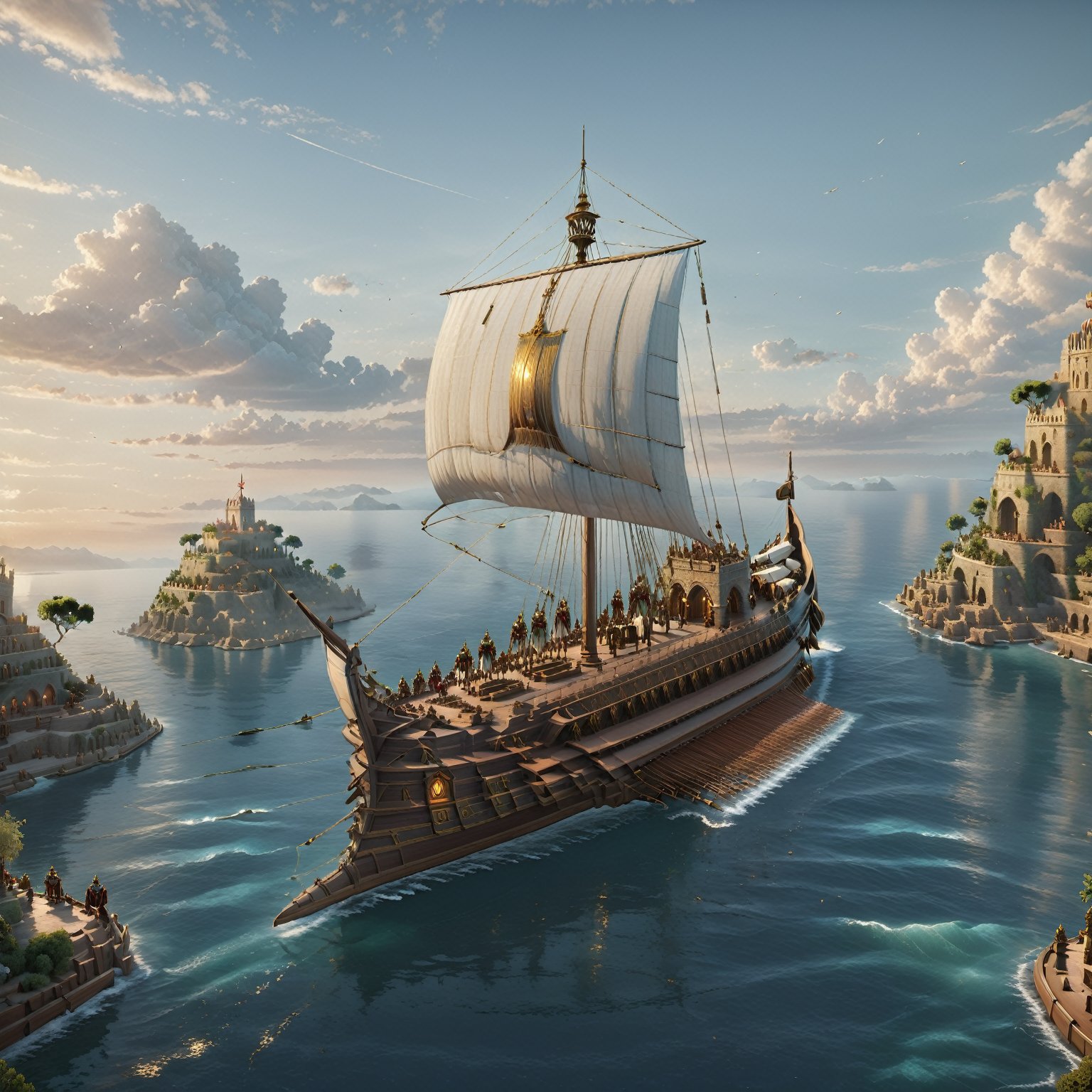 fantasy roman art,a The Floating Isles, A brave explorer sets sail to discover a cluster of islands that float high above the clouds. character, detailed, sub surface scattering, sharp focus, detailed, particles, sub surface scattering, sharp focus , cinema 4d, matte painting, polished, beautiful, colorful, intricate, eldritch, ethereal, vibrant, surrealism, surrealism, vray, nvdia ray tracing, cryengine, magical, 4k, 8k, masterpiece, crystal, romanticism,Create a stunning landscape of an illuminated enchanted forest in the twilight. The painting should have a soft, ethereal lighting and vibrant pastel colors. The style should be realistic, resembling the works of Thomas Kinkade. Use oil on canvas as the medium, focusing on creating a high-definition scenic painting.,Movie Still,Renaissance Sci-Fi Fantasy