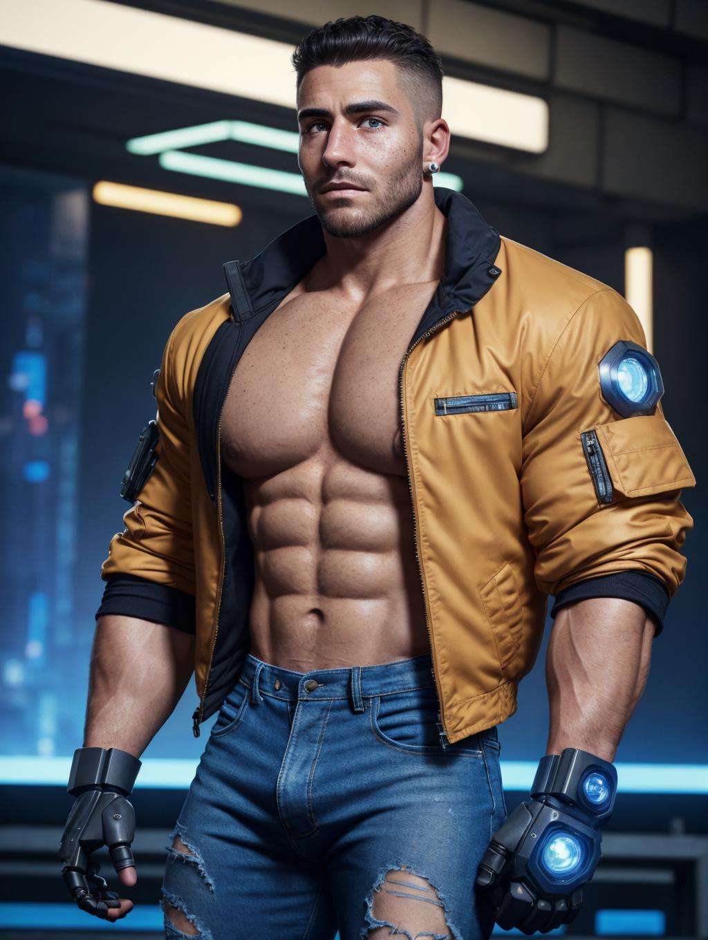 (GS-Masculine:1), (1boy), (front side view), close up shot, (looking away from viewer), Very detailed young handsome face, heroic, detailed realistic open eyes, (calm expression). (freckles), tan glowing skin, (cyberpunk style:1.1), piercings, neo cyberpunk city, plastic jacket, light ripped pants, robotic gloves, visors, muscular, bodybuilder, large muscles