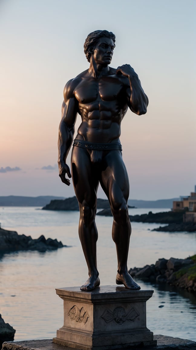 A Statue from a muscular Greek god Statue with a wavey middel Parting Hair out of white Marbel with a black backround Standing on a podest animeted style 8k