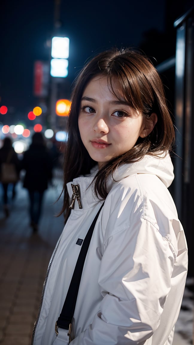 masterpiece, realistic, best quality, beauty girl in city, hloding bag, looking at viewer, winter clothes, cute, solo, brown hair, brown eyes, depth of field, night, realistic, porses,skin detail, acne, detail eyes, (masterpiece,best quality:1.5)