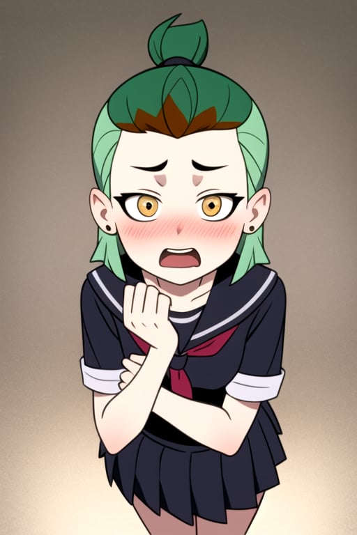 masterpiece, best quality, AmityS1, 1girl, solo, green hair, yellow eyes, short ponytail,  earrings, serafuku, school uniform, pleated skirt, blush, open mouth, upper teeth, surprised, looking at viewer, white serafuku, 