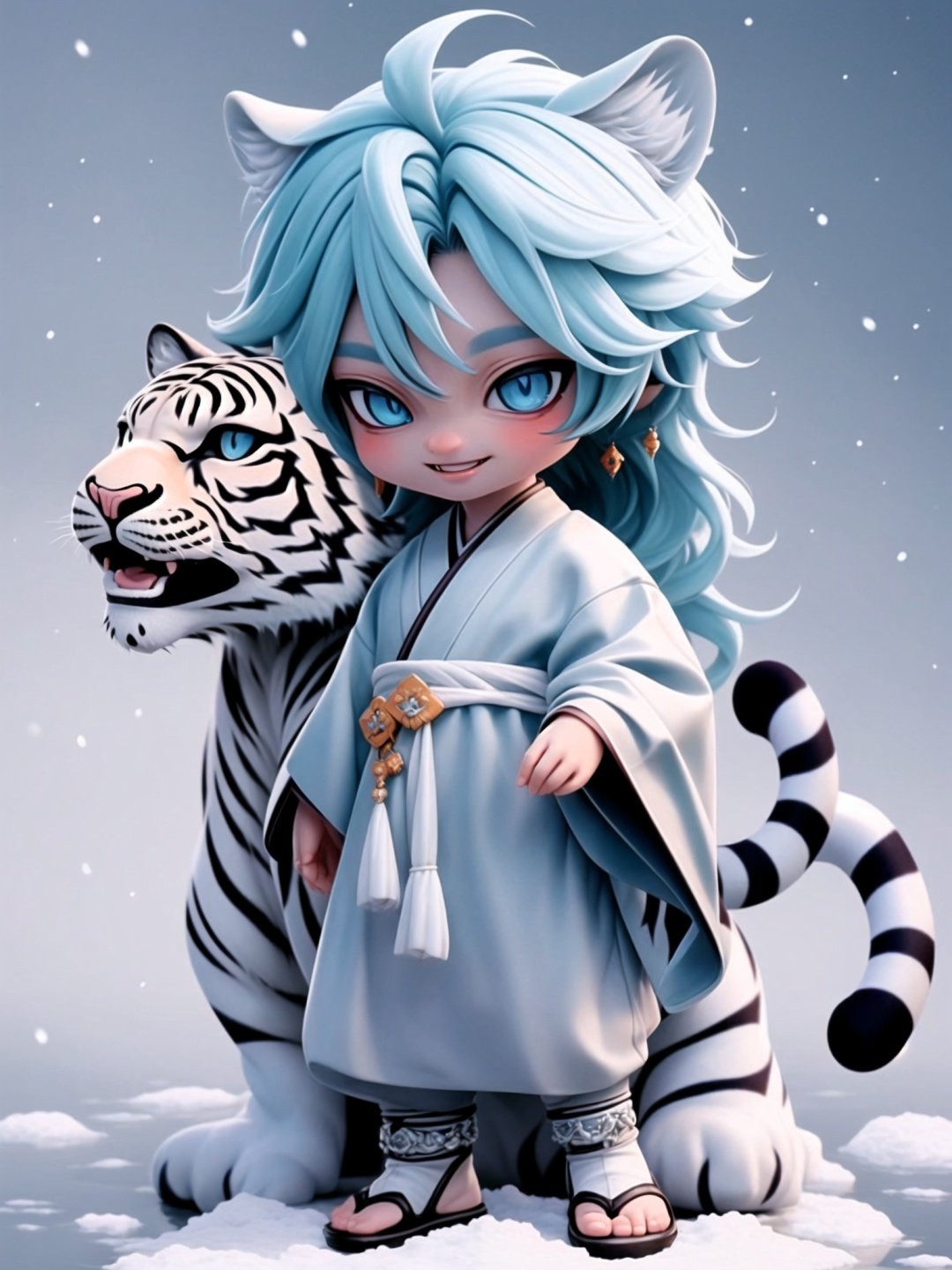 <lora:guchen-3DchaowanV1.0:0.6>,guchen,1boy,1tiger,blue hair,long hair,Smile,white skin,jewelry,blue eyes,long sleeves,snow,tiger tail,standing,tiger ears,chibi,3D,